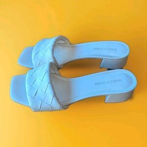 Marc Fisher Women's 8.5 Caspar Braided Block Heel Sandal Mules Shoes White GUC
